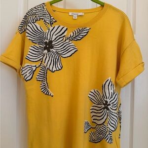 Chico's Yellow Top with Black and White Floral Design